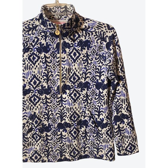 Lilly Pulitzer Women's Small 1/2 Zip Elephant Pattern Top Navy White - Picture 5 of 12